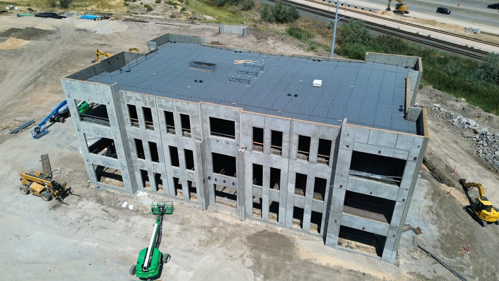 Aerial view of the new HBME office with the completed roof deck in place